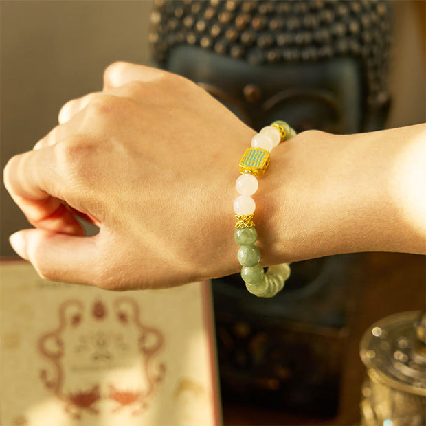 Buddha Stones Natural Green Jade White Agate Five Scriptures Abundance Bracelet Bracelet BS 4