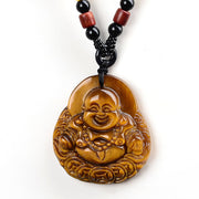 Buddha Stones Tiger's Eye Laughing Buddha Blessing Necklace