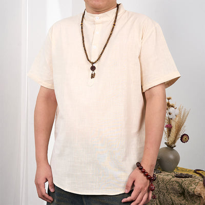 Buddha Stones Men's Plain Color Short Sleeve Half Button Cotton Linen Shirt Men's Shirts BS Moccasin 3XL(Fit for US/UK/AU44; EU54)