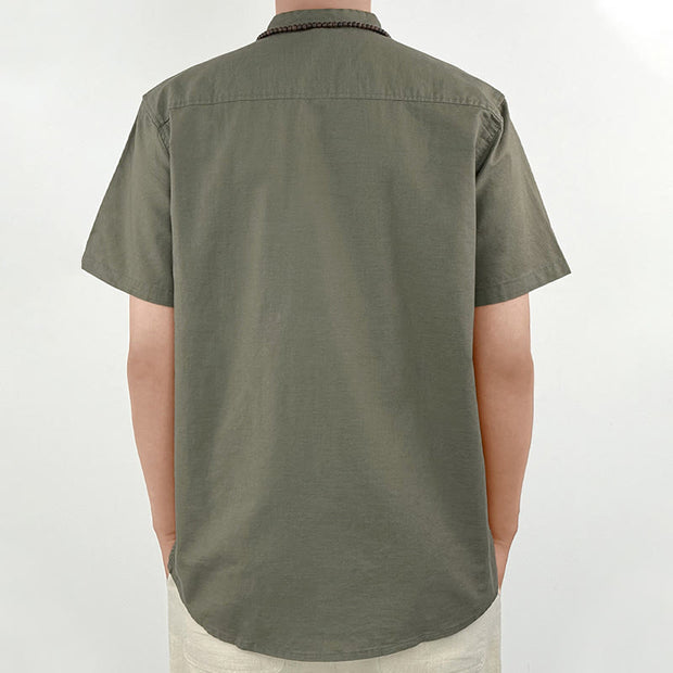 Buddha Stones Solid Color Men Short Sleeve Button Linen Shirt Men's Shirts BS 3