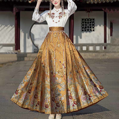 Buddha Stones Golden Flower Phoenix Embroidery Long Sleeve Shirt Top Chinese Hanfu Ming Dynasty Horse Face Skirt Mamianqun Skirt