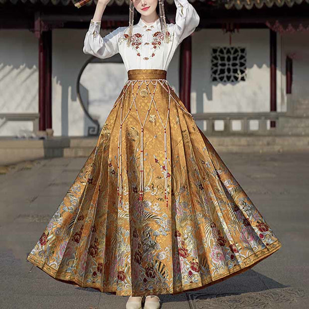 Buddha Stones Golden Flower Phoenix Embroidery Long Sleeve Shirt Top Chinese Hanfu Ming Dynasty Horse Face Skirt Mamianqun Skirt