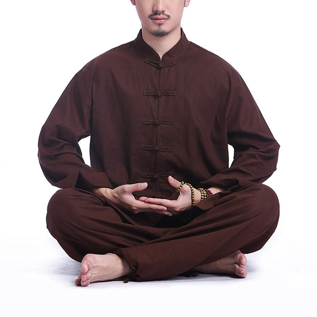 Buddha Stones Chinese Frog Button Design Meditation Prayer Cotton Linen Spiritual Zen Practice Yoga Clothing Men's Set Clothes BS Brown(Long Sleeve) XXXL