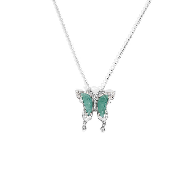Buddha Stones 925 Sterling Silver Green Jade Butterfly Luck Necklace Pendant