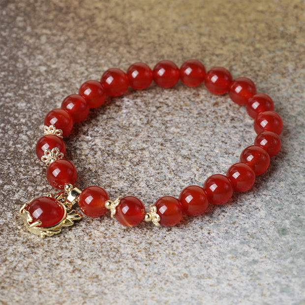 Buddha Stones Year of the Dragon Red Agate Jade Peace Buckle Fu Character Success Bracelet Bracelet BS 14