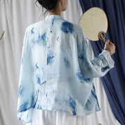Buddha Stones Tie Dye Blue Flowers Frog-Button Design Long Sleeve Ramie Linen Jacket Shirt 4