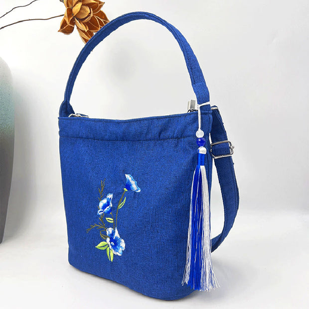 Buddha Stones Embroidery Wisteria Plum Lotus Cherry Blossom Cotton Linen Canvas Tote Crossbody Bag Shoulder Bag Handbag 22