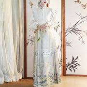 Buddha Stones Long Sleeve Shirt Top Chinese Hanfu Crane Lotus Printed Horse Face Skirt Mamianqun Riding Skirt BS 11