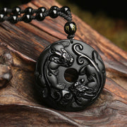 Buddha Stones Natural Black Obsidian Peace Buckle Pixiu Bead Rope Strength Necklace Pendant Necklaces & Pendants BS Black Obsidian