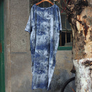 Buddha Stones Ink Tie Dye Midi Dress Three Quarter Sleeve Cotton Linen Dress With Pockets 25