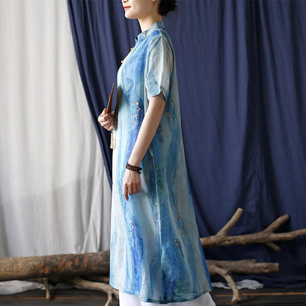 Buddha Stones Ramie Blue Digital Printing Cheongsam Dresses Short Sleeve Linen Dress 4