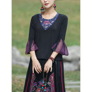 Buddha Stones Three Quarter Flare Sleeves Embroidery Flower Cotton Top Tee T-shirt