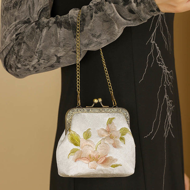 Buddha Stones Orchids Oriental Cherry Butterfly Embroidery Metal Handle Handbag Handbags BS Oriental Cherry 11*4*11cm