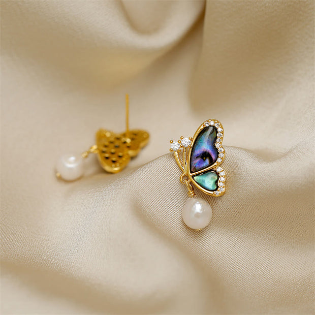 Buddha Stones 18K Gold Plated Copper Pearl Butterfly Love Stud Earrings