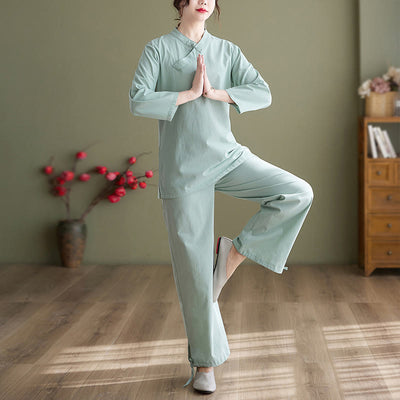 Buddha Stones 2Pcs Long Sleeve V-Neck Shirt Top Pants Meditation Zen Tai Chi Cotton Linen Clothing Women's Set Women's Meditation Cloth BS Green(Top&Pants) 2XL(Bust 106cm/Waist 67-100cm/Hips 126cm)