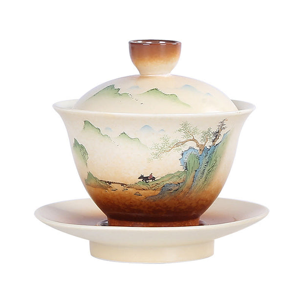 Buddha Stones Mountain Landscape Countryside Ceramic Gaiwan Sancai Teacup Kung Fu Tea Cup And Saucer With Lid