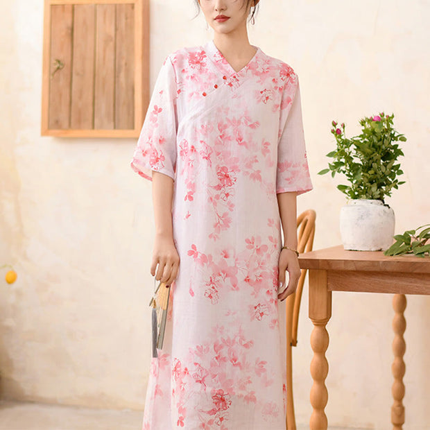 Buddha Stones Flowers Print Cheongsam Midi Dress Ramie Linen Half Sleeve Dress With Pockets