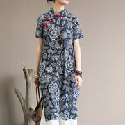 Buddha Stones Blue White Flower Frog-button Cheongsam Dresses Short Sleeve Linen Dresses With Pockets 12