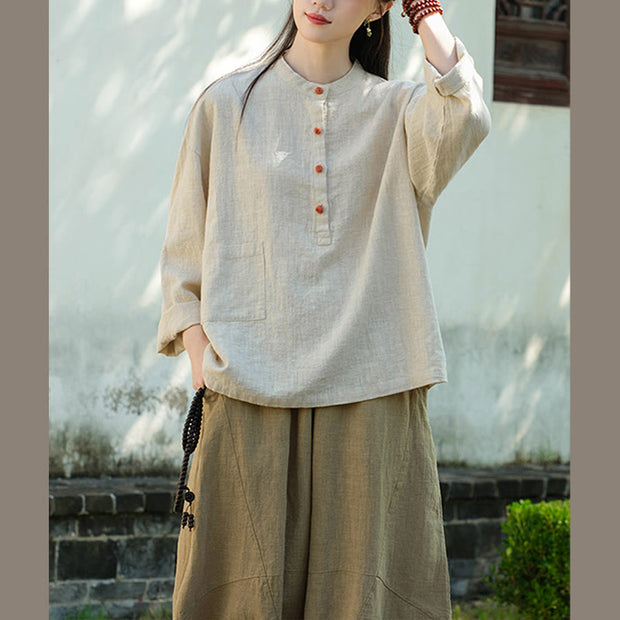 Buddha Stones Solid Color Loose Button Blouse Long Sleeve Shirt Top
