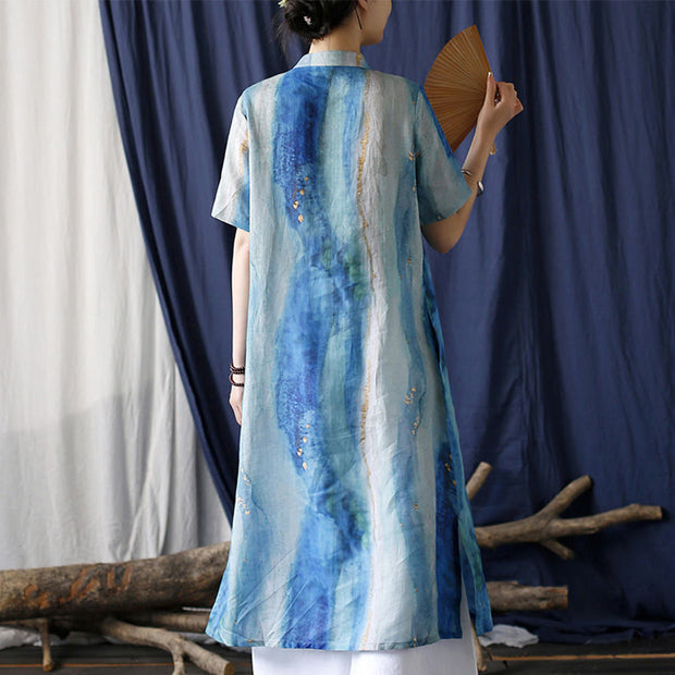 Buddha Stones Ramie Blue Digital Printing Cheongsam Dresses Short Sleeve Linen Dress 5