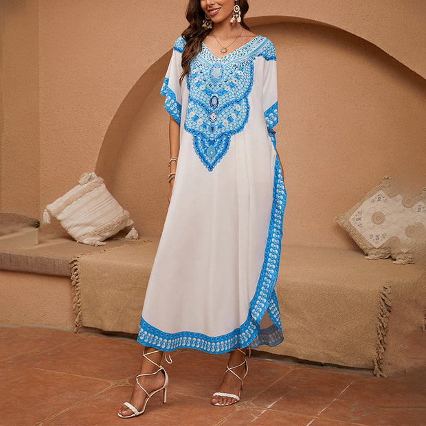 Buddha Stones Boho Blue White Print Maxi Dress Travel Loose Cover-Up Slit Design
