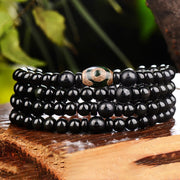 Buddha Stones 108 Beads Black Obsidian Dzi Bead Tiger Eye Agate Healing Mala Bracelet