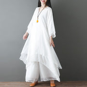Buddha Stones V-Neck Midi Tunic Dress Wide Leg Pants Meditation Zen Practice Dance Clothing Women's Meditation Cloth BS 1