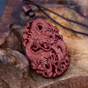 Buddha Stones Lightning Struck Jujube Wood Double Dragon Relief Ward Off Evil Spirits Necklace Pendant