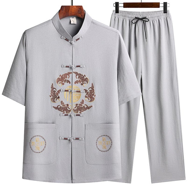Buddha Stones Fu Character Tang Suit Hanfu Traditional Uniform Short Sleeve Top Pants Clothing Men's Set Men's Meditation Cloth BS 4