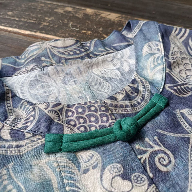 Buddha Stones Birds Flowers Geometry Frog-Button Long Sleeve Ramie Linen Jacket Shirt 9