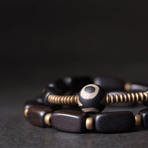 Buddha Stones Tibet Ebony Wood Dzi Bead Copper Balance Double Wrap Bracelet