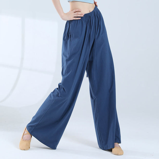 Buddha Stones Loose Cotton Drawstring Wide Leg Pants For Yoga Dance With Pockets Wide Leg Pants BS Blue XL(Waist 76cm/Hips 136cm/Length 106cm)