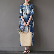 Buddha Stones Ink Tie Dye Midi Dress Three Quarter Sleeve Cotton Linen Dress With Pockets 2
