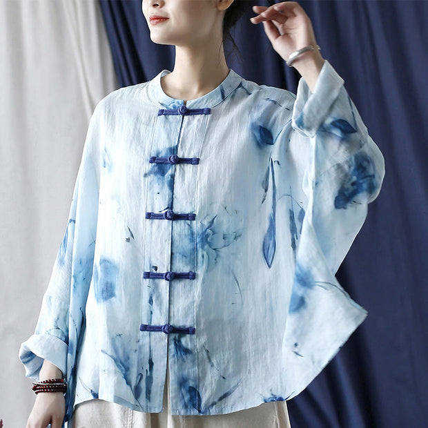 Buddha Stones Tie Dye Blue Flowers Frog-Button Design Long Sleeve Ramie Linen Jacket Shirt 7