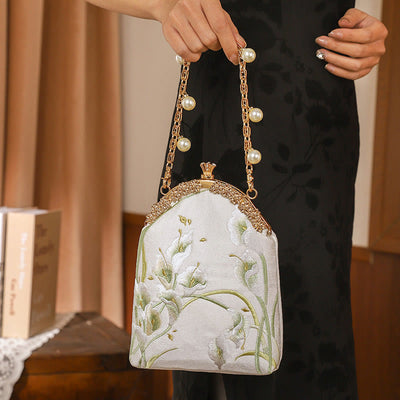 Buddha Stones Calla Embroidery Metal Handle Handbag Crossbody Bag Crossbody Bag&Handbags BS Calla White 15*5*20cm