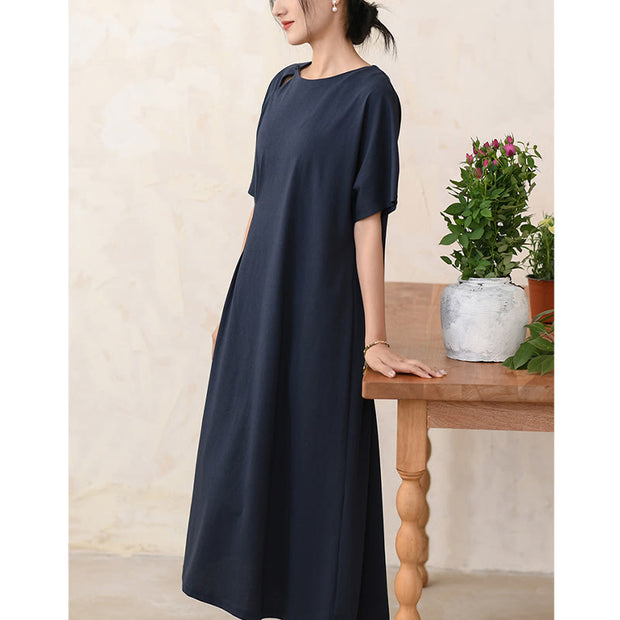 Buddha Stones Solid Color Short Sleeve Chinese Cheongsam Midi Dress