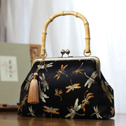 Buddha Stones Dragonfly Crane Bamboo Leaves Plum Blossom Bamboo Handles Handbag Handbags BS 6