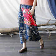Buddha Stones Red Peony Blue Bamboo Chrysanthemum Patchwork Cotton Linen Harem Pants With Pockets 5