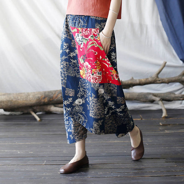 Buddha Stones Red Peony Blue Bamboo Chrysanthemum Patchwork Cotton Linen Harem Pants With Pockets 5