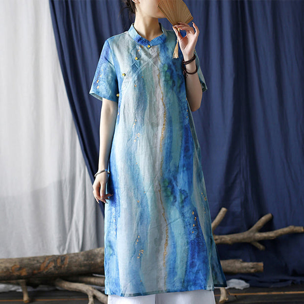 Buddha Stones Ramie Blue Digital Printing Cheongsam Dresses Short Sleeve Linen Dress 13
