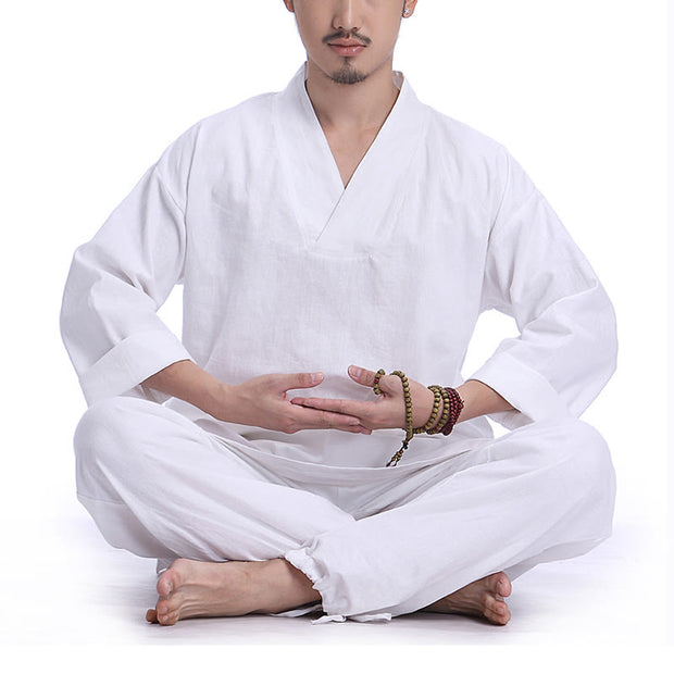 Buddha Stones Meditation Prayer V-neck Design Cotton Linen Spiritual Zen Practice Yoga Clothing Men's Set Clothes BS White XXXL