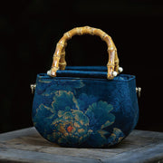 Buddha Stones Vintage Flower Peony Metal Chain Zipper Handbag Crossbody Bag Shoulder Bag Handbags BS Dark Blue Peony 20*14*7cm