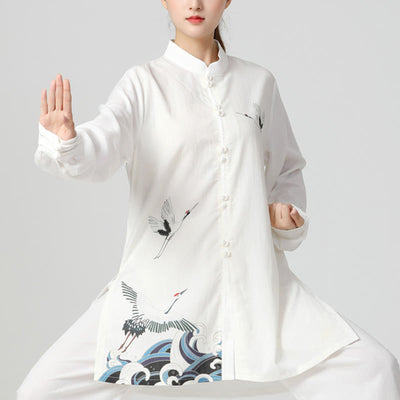 Buddha Stones White Crane Sea Cotton Linen Meditation Prayer Spiritual Zen Tai Chi Qigong Practice Clothing Set
