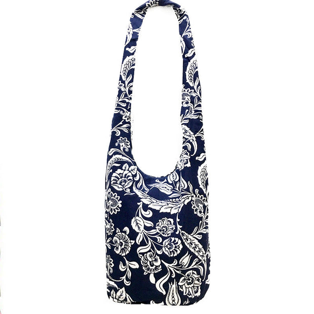 Buddha Stones Cotton Flower Pattern Crossbody Bag Shoulder Bag Crossbody Bag&Shoulder Bag BS Dark Blue White Flower Pattern 36*19*34cm