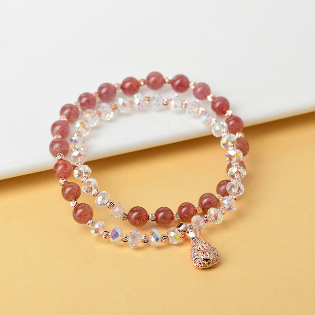 Buddha Stones Strawberry Quartz White Crystal Money Bag Charm Positive Bracelet Bracelet BS 2
