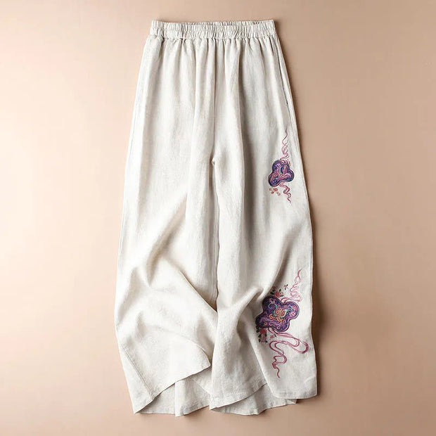 Buddha Stones Women Casual Loose Cotton Linen Embroidery Wide Leg Pants With Pockets Women's Wide Leg Pants BS Beige 3XL(Waist 78-108cm/Hips 126cm/Length 100cm)