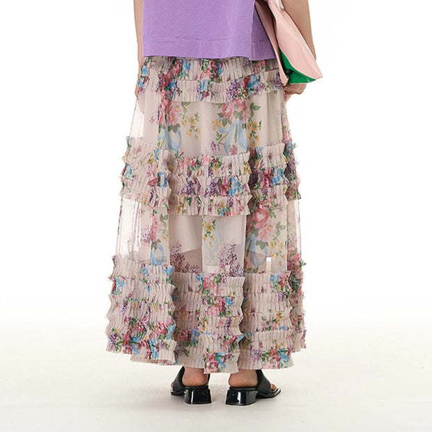 Buddha Stones Colorful Flowers Loose Mesh Tulle Skirt See-Through Design 26