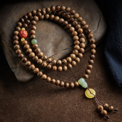 Buddha Stones 108 Mala Beads Kalimantan Agarwood Gourd Jade Amber Balance Bracelet