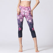 Buddha Stones Cherry Blossoms Sakura Lines Print Sports Yoga Cropped Leggings Women's Yoga Capri Pants Women's Capri Pants BS 1