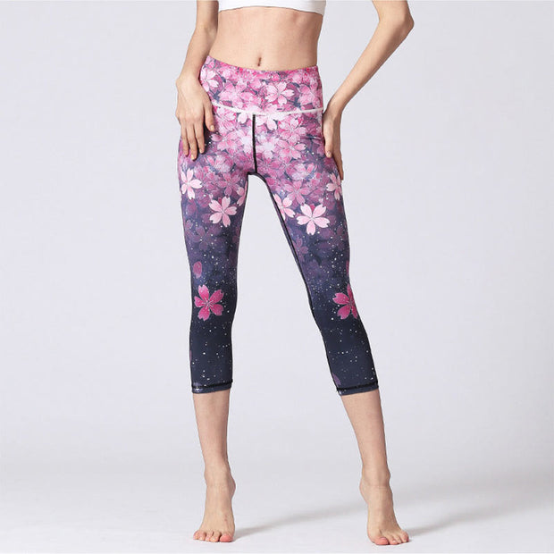 Buddha Stones Cherry Blossoms Sakura Lines Print Sports Yoga Cropped Leggings Women's Yoga Capri Pants Women's Capri Pants BS 1
